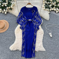 Miya pleated european and american dress - fashionable 3d floral tie-waist printed pleated slim-fit batwing sleeve maxi dress