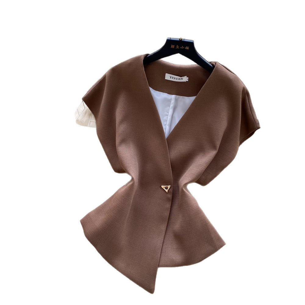 Korean style v-neck short sleeve shirt for women -  spring collection - unique, asymmetrical design - commuter chic cardigan top