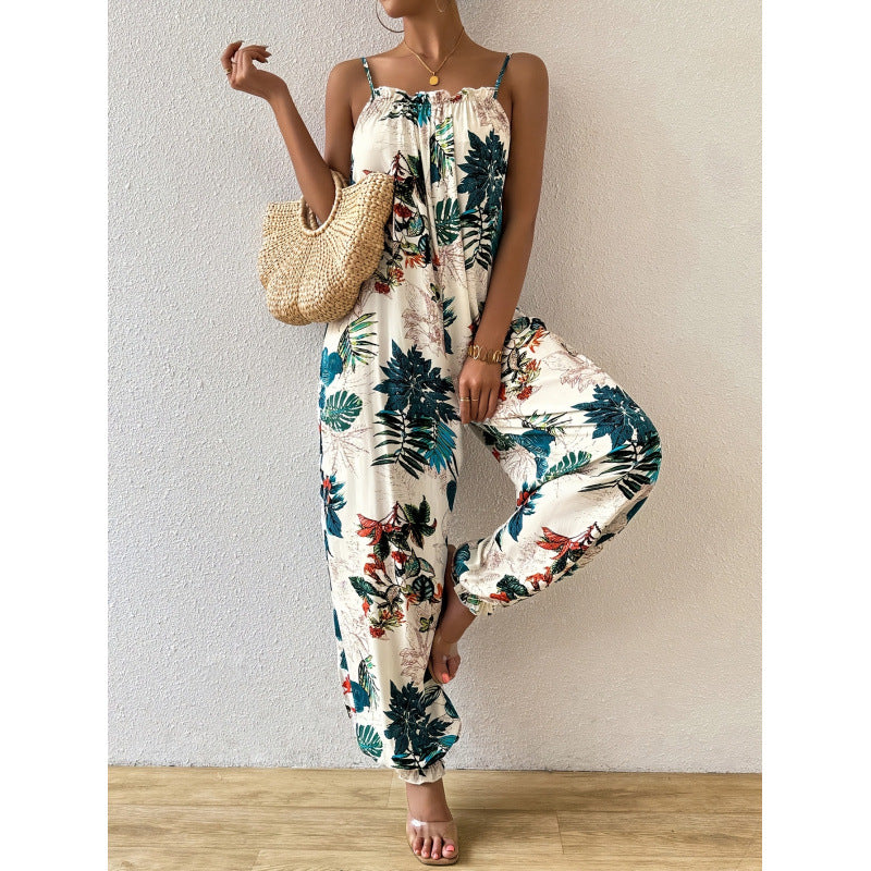 code new arrival  original women's casual plant printing jogger pants suspender jumpsuit