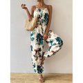 code new arrival  original women's casual plant printing jogger pants suspender jumpsuit