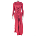 Fashion style cross-border pure color pleated silm curve slimming look hip skirt round neck long sleeves elegant women's tight dress