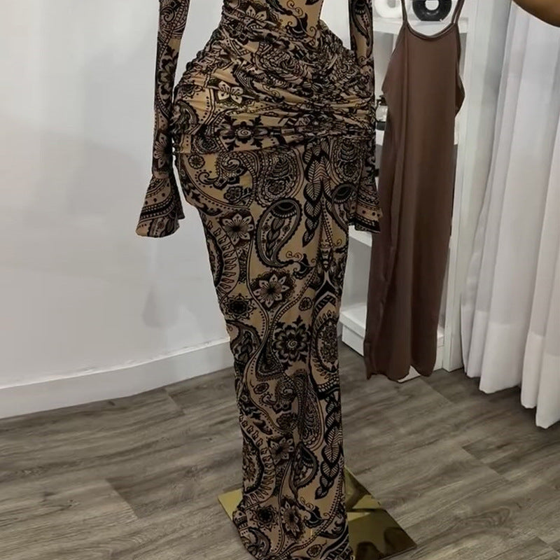 European and american cross-border women's fashion  summer new sexy elegant round neck printed ruched long sleeve dress two-piece set