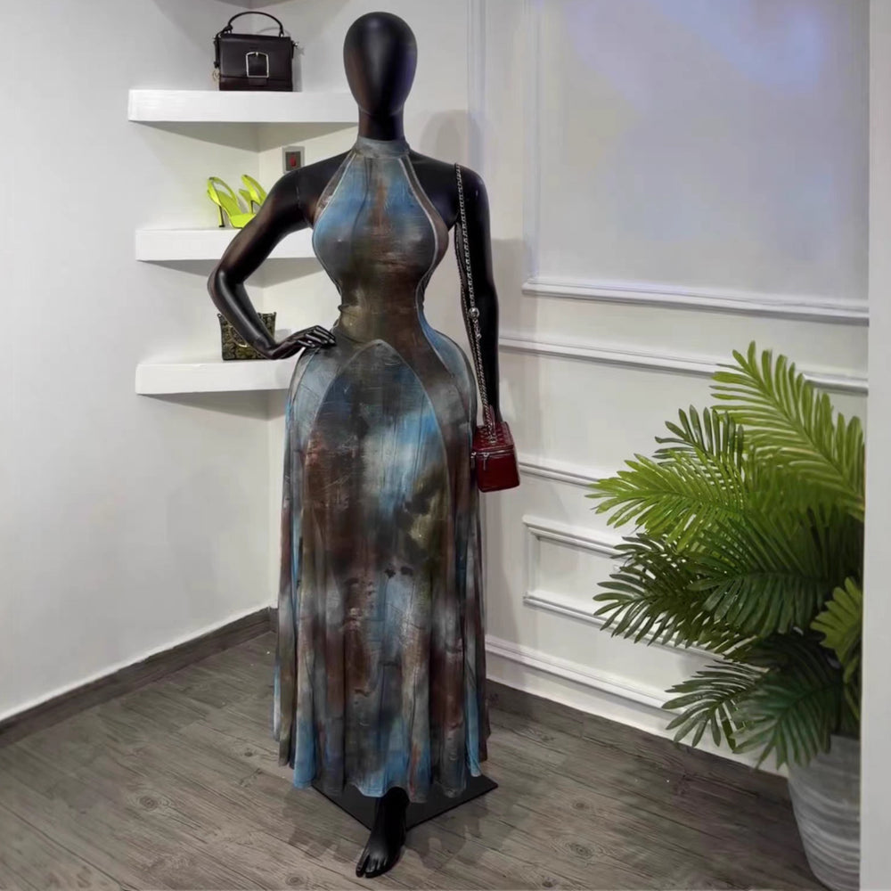 European and american cross-border women's fashion:  summer new arrival - elegant halter neck slim-fit printed gradient sleeveless dress