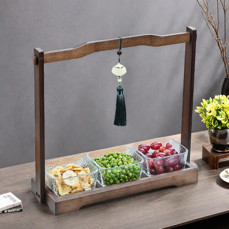 Luxury walnut wood-effect fruit & snack platter - home use, divided compartments, creative dried fruit dish, dessert glass bowl & fruit plate