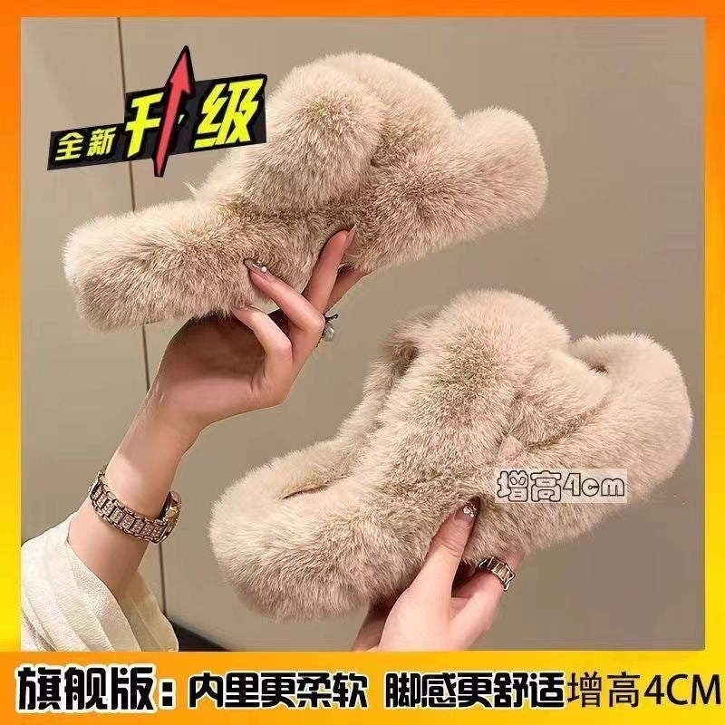 New arrival cross strap best selling fur slippers for women fall and winteroutwearplatform shoesthick soleheight increasing soft solefor homeoutwear cotton slippers