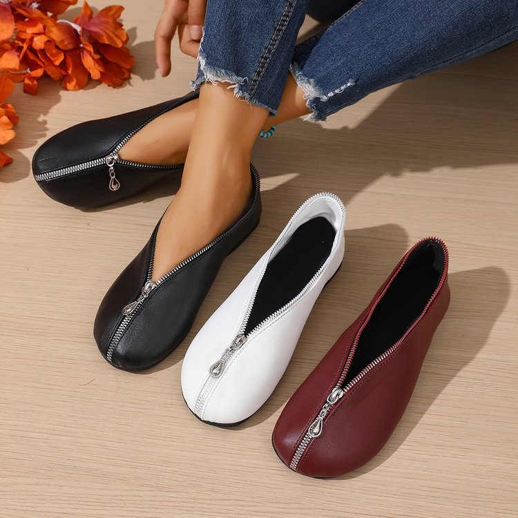Exportplus sizeretropure color flat heel flatsnew arrivalniche style front zipper round toe low heel soft leather elegantgrandma shoes