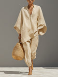 spring cross-border women's casual relaxed fit solid color shirt set