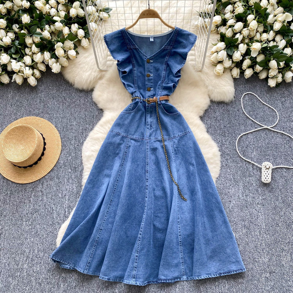 Frenchretrosense of designv neck fungus edge patchwork single breasted waist slimming lookelegant over-the-knee denim dress