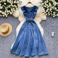 Frenchretrosense of designv neck fungus edge patchwork single breasted waist slimming lookelegant over-the-knee denim dress