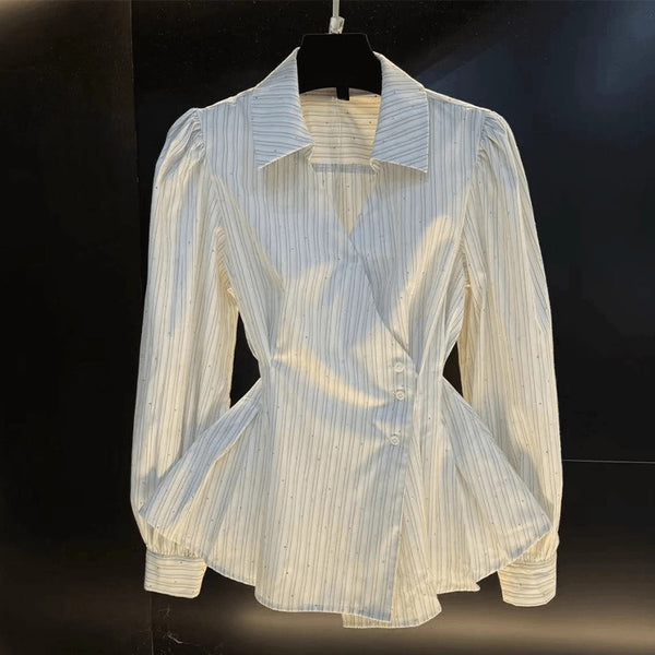Ruihu European and American temperament waist long-sleeved shirt 2025 autumn new   striped shirt cardigan women