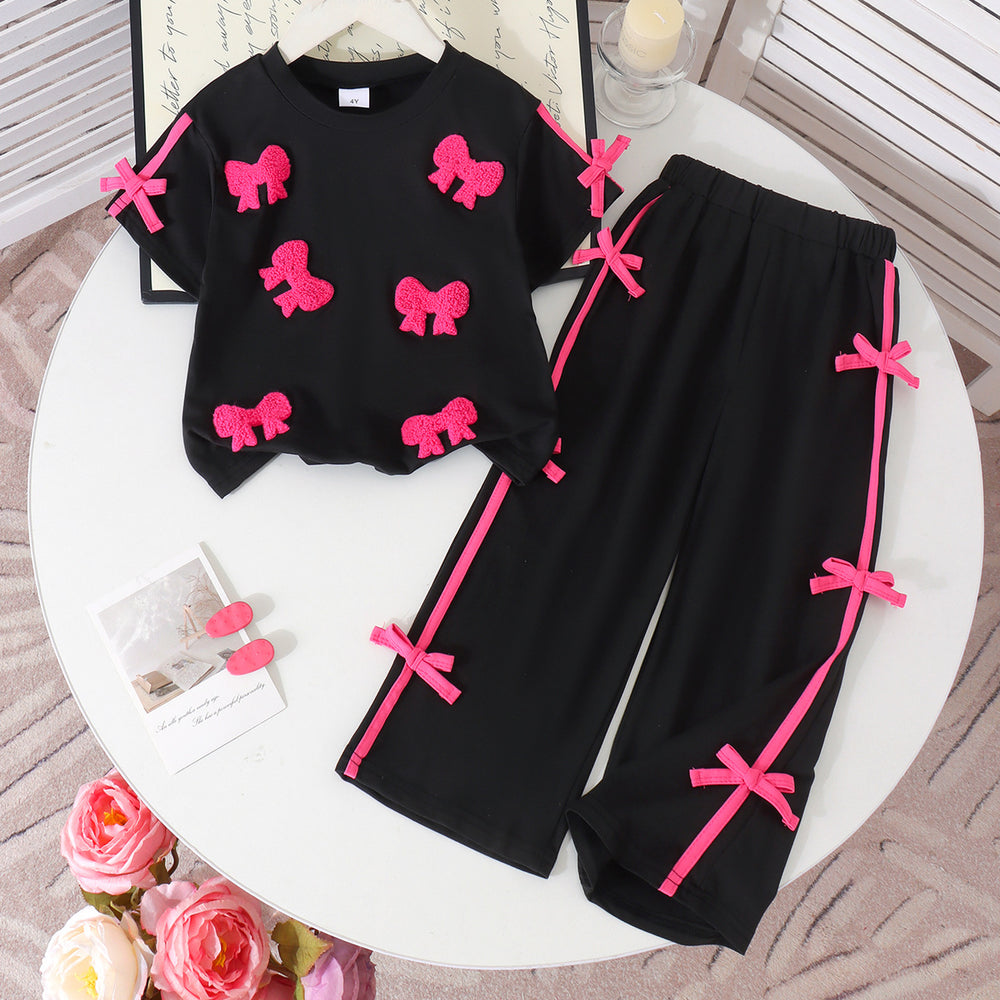 Children's clothing shein cross-border girl suit black t-shirt + pants suit two-piece set
