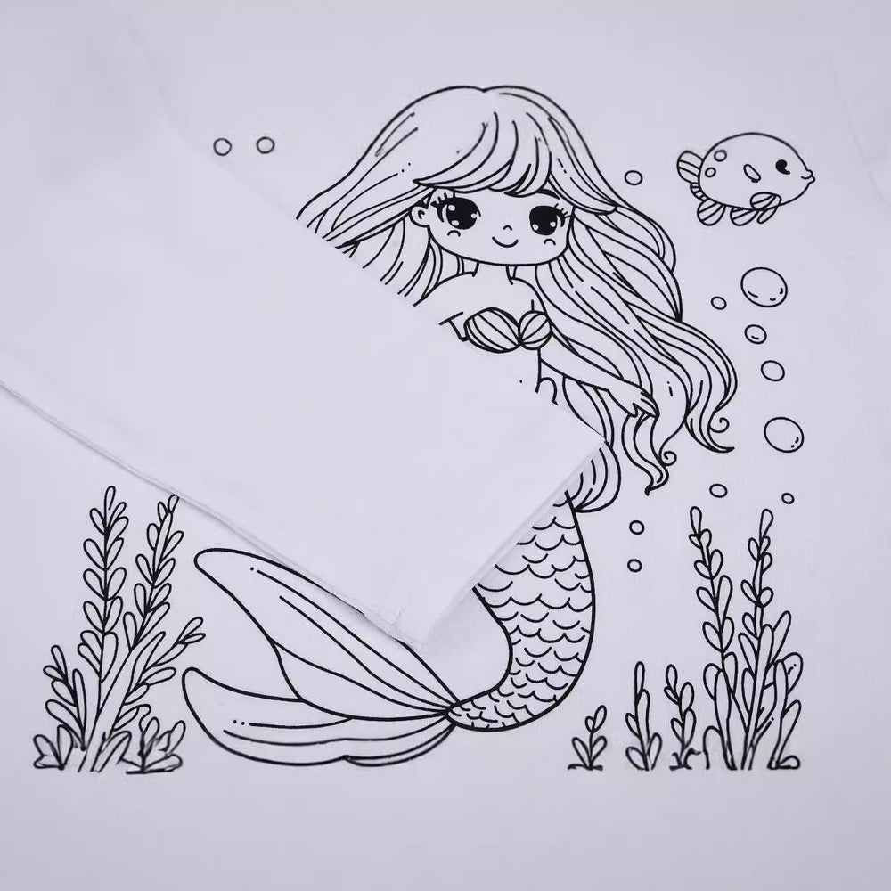 Unique diy fun graffiti hand-painted coloring mermaid design 95% cotton spring/autumn american style girls' long-sleeve t-shirt