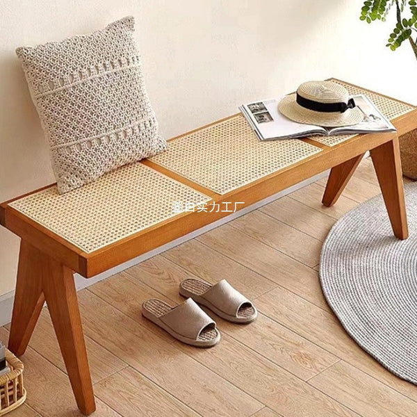 Solid wood bench rattan long strip shoe changing stool door dining chair bedroom bedside stool household solid wood rattan bench coffee table