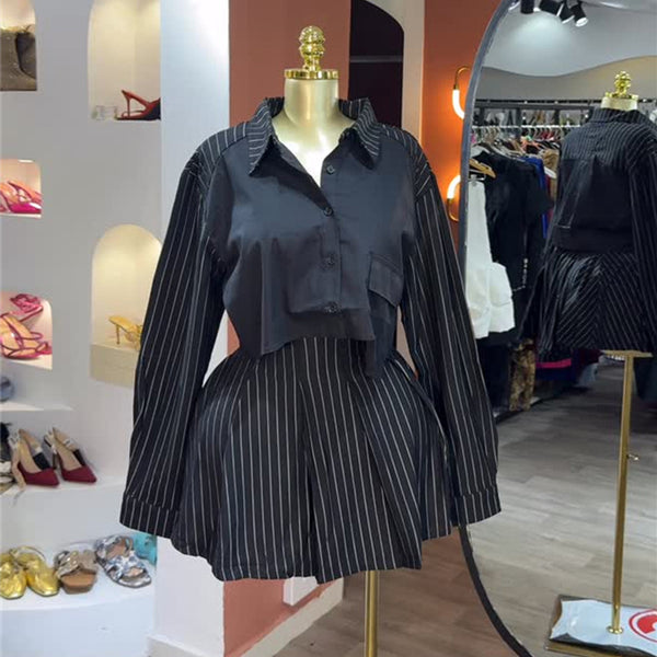 European and American  women's clothing 2025 autumn new fashion design sense splicing striped shirt A-shaped skirt set