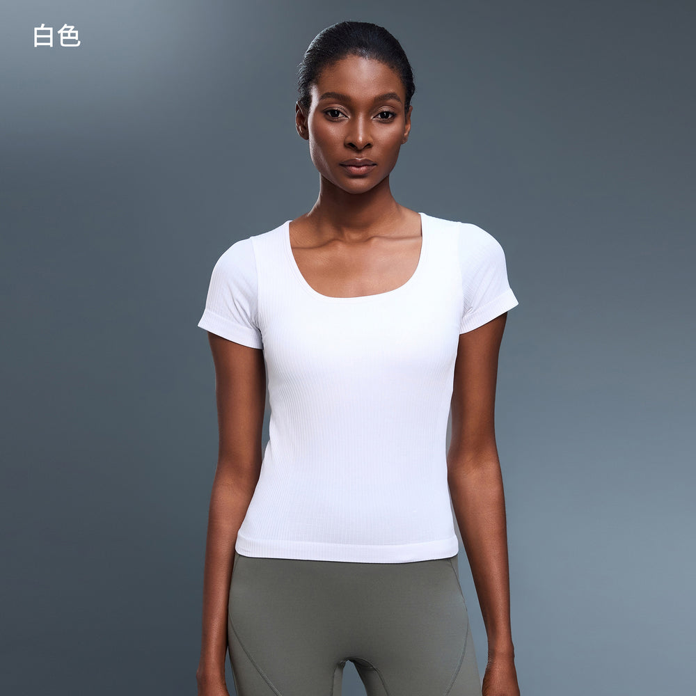 Seamless all-in-one woven yoga clothes with chest pad breathable fitness t-shirt silmslimming look sports short-sleeved women's summer d25074
