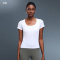 Seamless all-in-one woven yoga clothes with chest pad breathable fitness t-shirt silmslimming look sports short-sleeved women's summer d25074