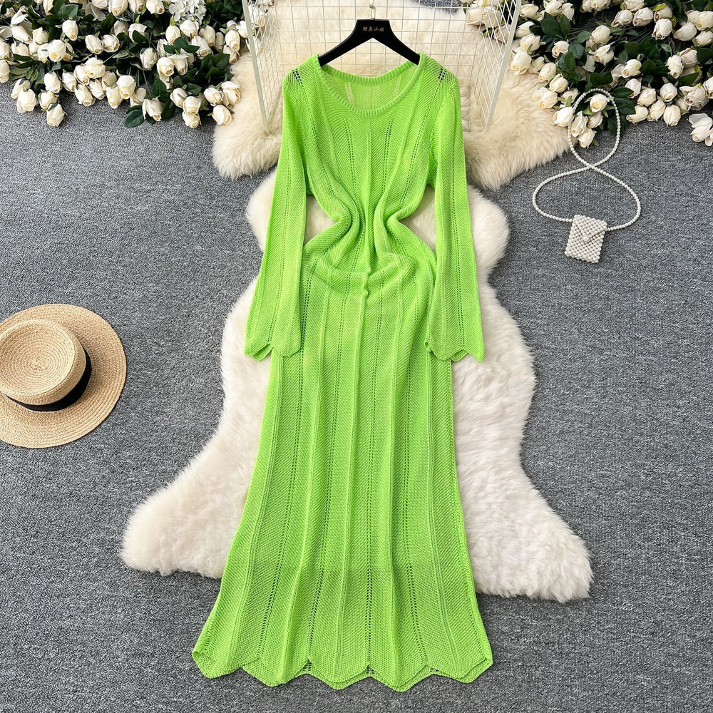 Gentle wind niche styleclassy round neck long sleevescut outknittingdress women's inner suspender skirt layered two-piece set