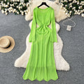 Gentle wind niche styleclassy round neck long sleevescut outknittingdress women's inner suspender skirt layered two-piece set