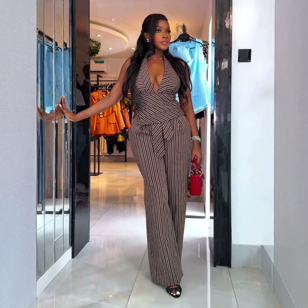 European and american cross-border women's fashion:  summer new collection - stylish v-neck striped sleeveless top and wide-leg pants set