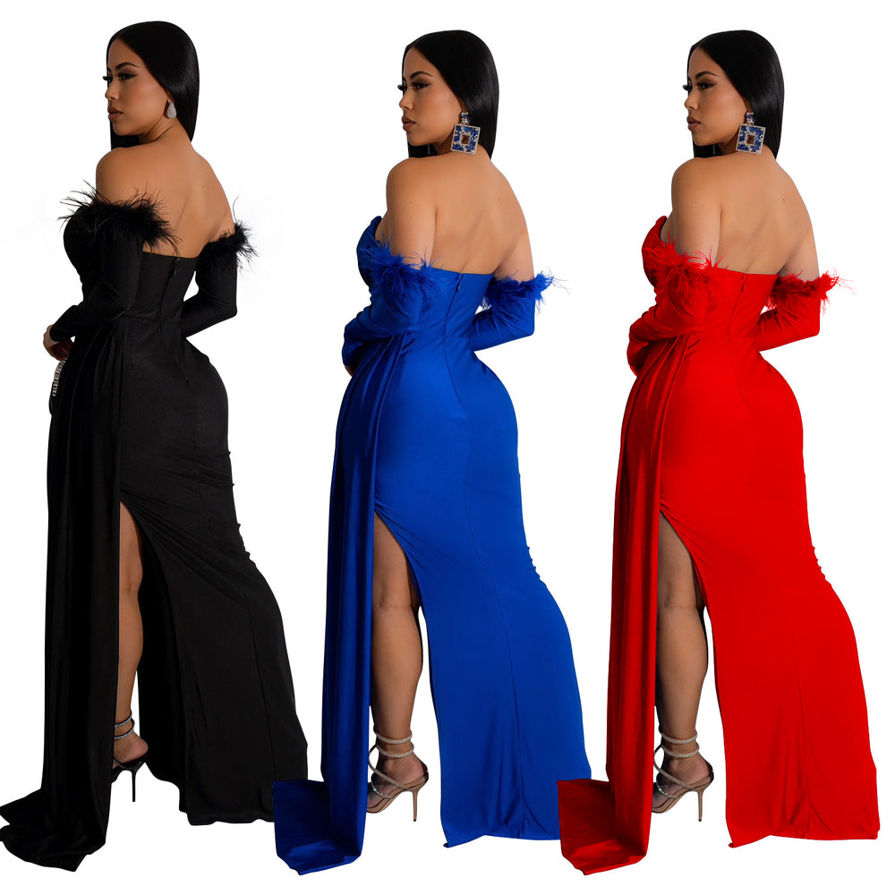 C6797 cross-border   fashion women's solid color pleated backless slit maxi dress
