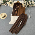 European and american chic casual set: women's shawl cardigan + v-neck knit top + wide-leg pants three-piece outfit