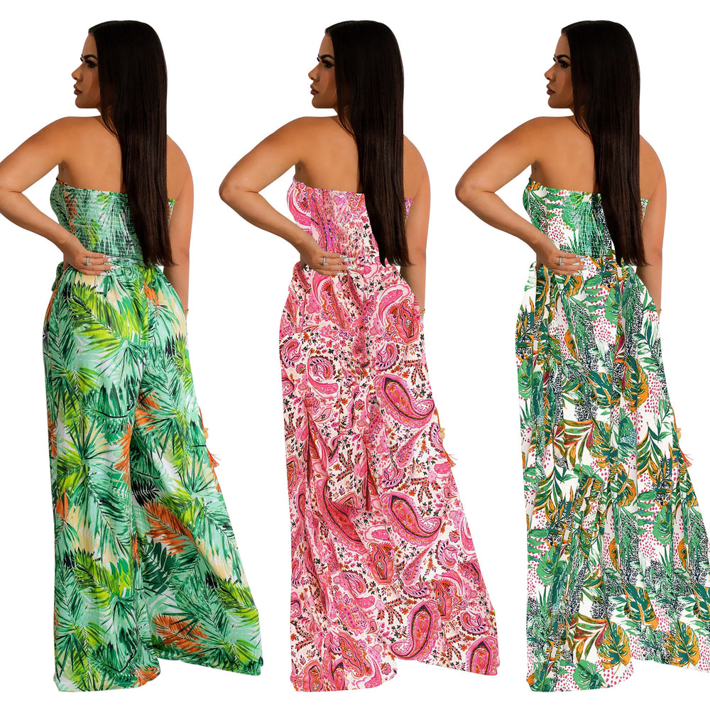 X6287 cross-border   fashion women's floral print sleeveless collarless pants jumpsuit