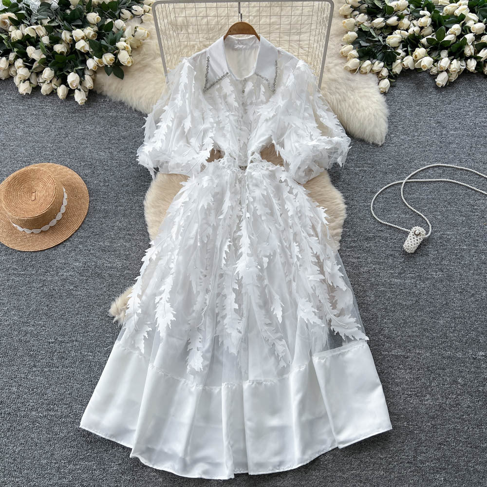 French retro court style dress - women's  autumn collection: beaded peter pan collar, lantern sleeves, 3d floral appliqué, mesh maxi dress
