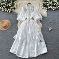 French retro court style dress - women's  autumn collection: beaded peter pan collar, lantern sleeves, 3d floral appliqué, mesh maxi dress