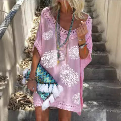 european and american export women's elegant v-neck short sleeve lace patchwork printed dress