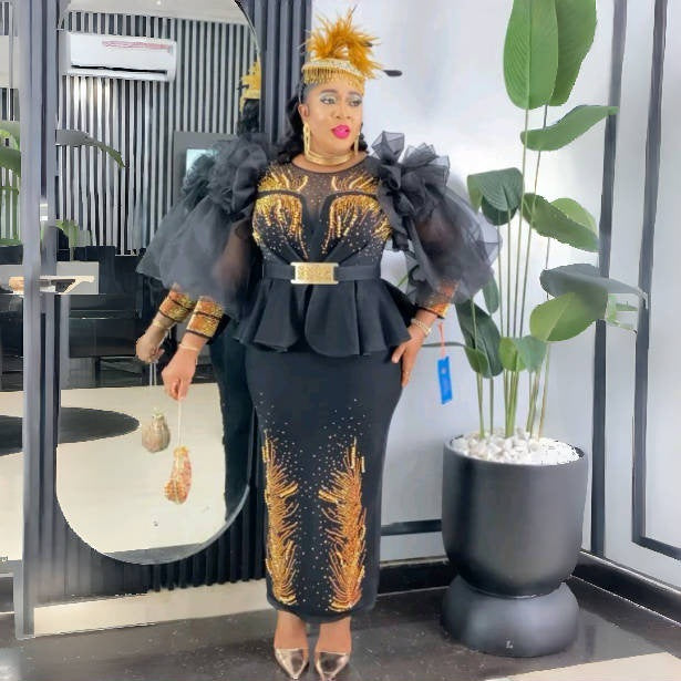 women's clothing african style gridsilm hot diamond puff sleeves long sleevesilmfake two-piecedress long skirt
