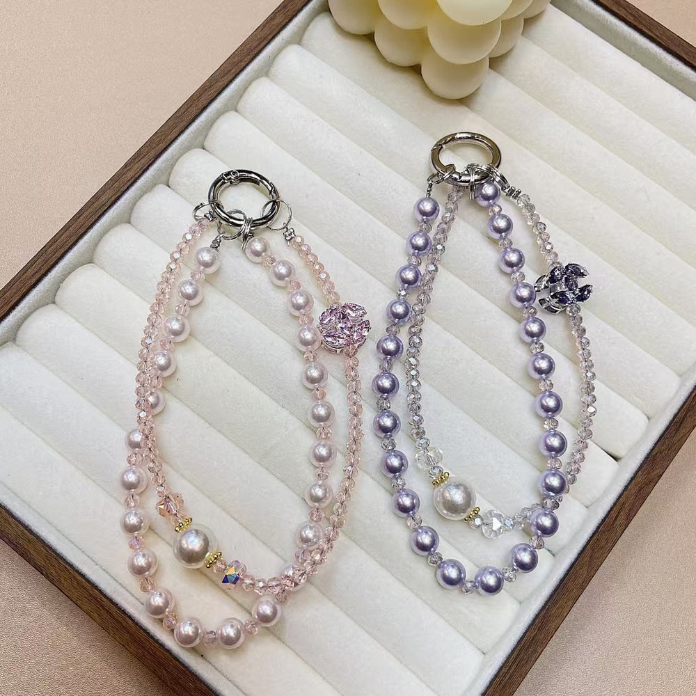 Women's mobile phone chain creative insfashion mobile phone pendant diy handmade pearl crystal rhinestone double chain lanyard new arrival