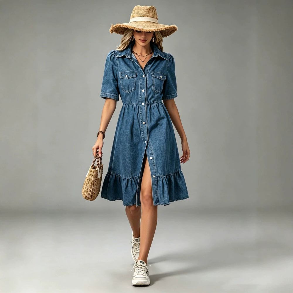 fashion lapel long sleevespatchworkcasual denim dress women's classy single-row multi-button waist long skirt