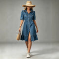 fashion lapel long sleevespatchworkcasual denim dress women's classy single-row multi-button waist long skirt