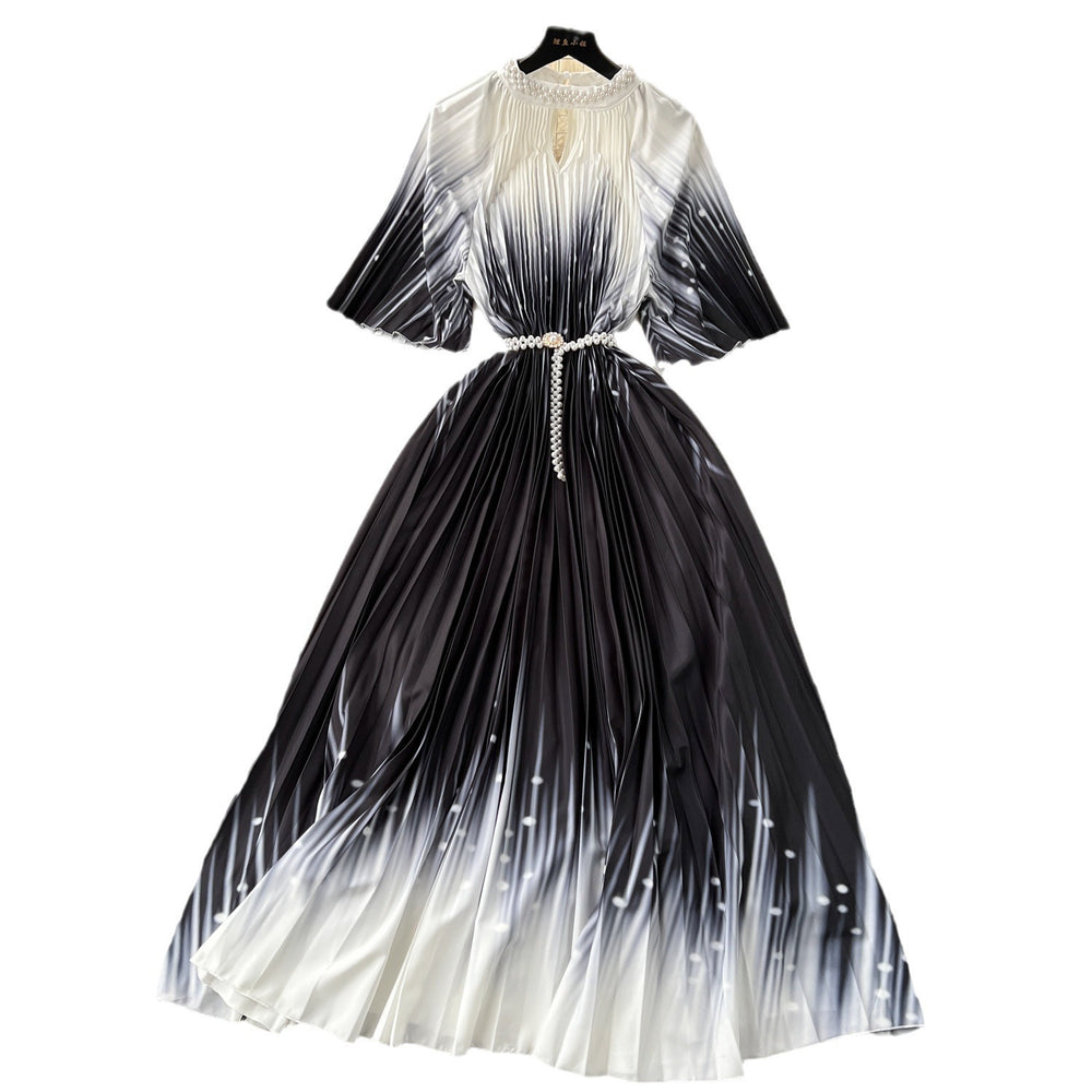 European style plus size women's high-end printed, heavily beaded, pleated long formal dress with pleated skirt - elegant women's dress