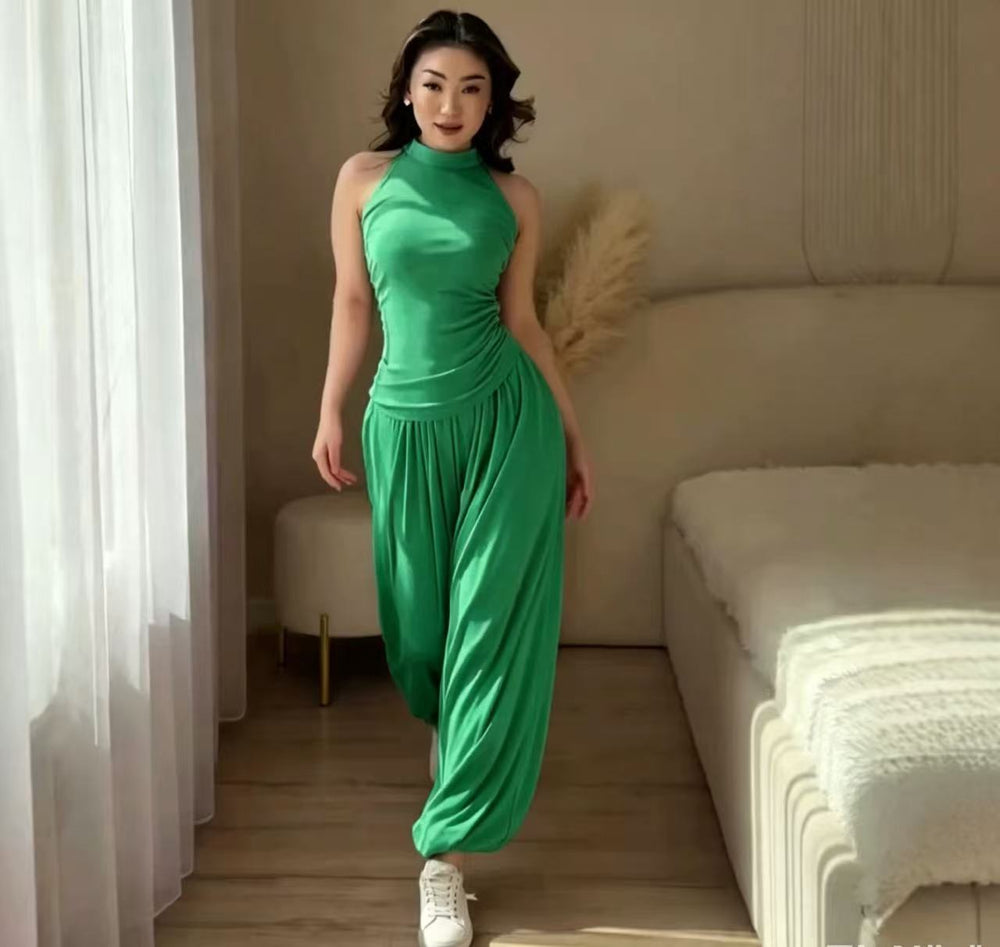 Amazon cross-border  women's autumn new arrival: stand collar sleeveless cropped top and lantern pants two-piece set