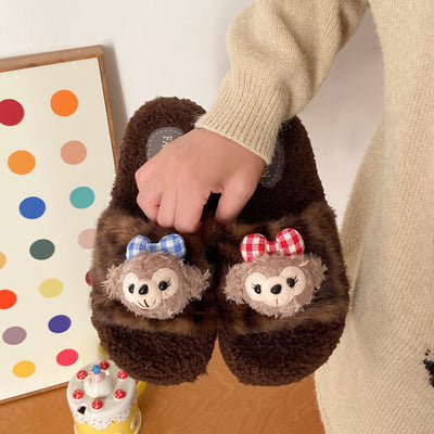 2025 new cute cartoon shirley rose leopard print fuzzy slippers women's autumn/winter outdoor non-slip soft sole closed-toe cotton slippers