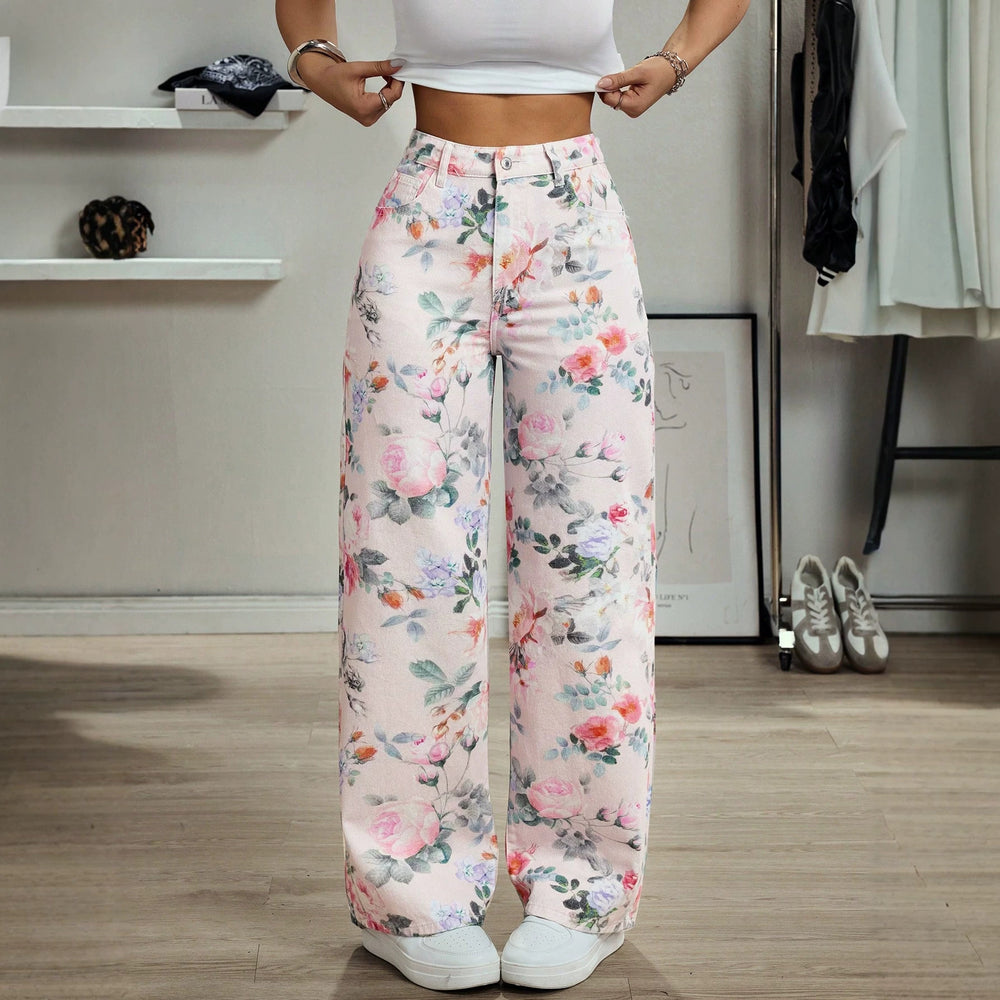 European and american style printed wide-leg jeans for women, spring/summer high-waisted slimming versatile straight-leg floor-length trousers, exclusively for cross-border e-commerce