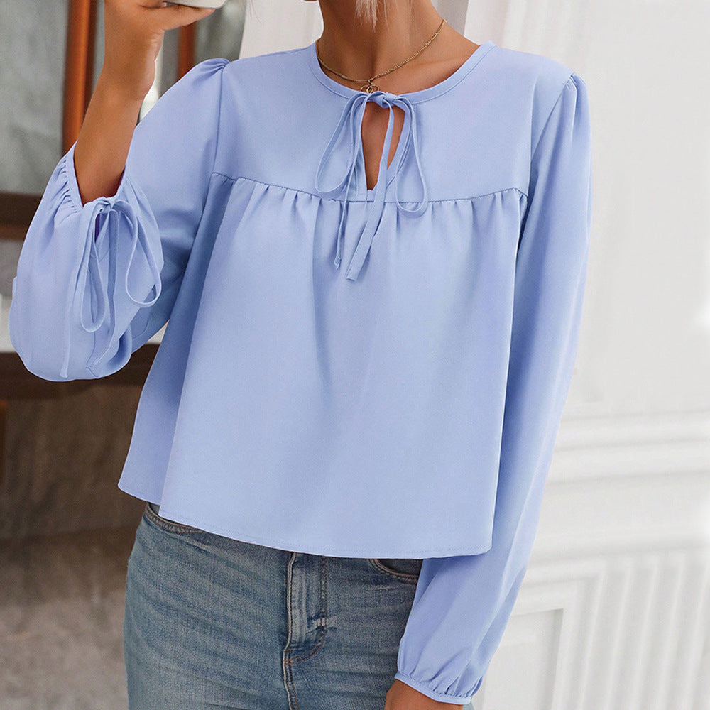 Cross-border European and American women's clothing 2024 autumn and winter crew neck lace-up bubble sleeves loose casual temperament women's pullover top