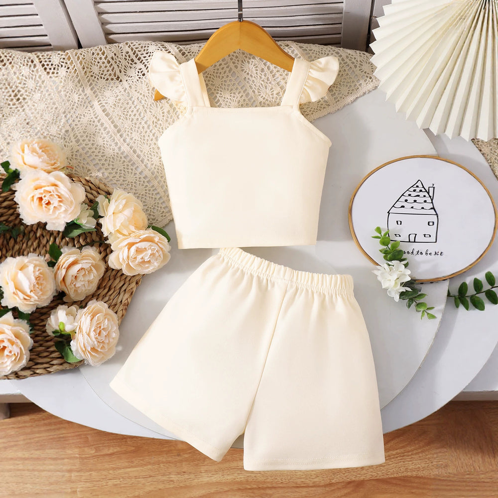 Girls' two-piece outfit: bow-embellished flutter sleeve top + shorts set