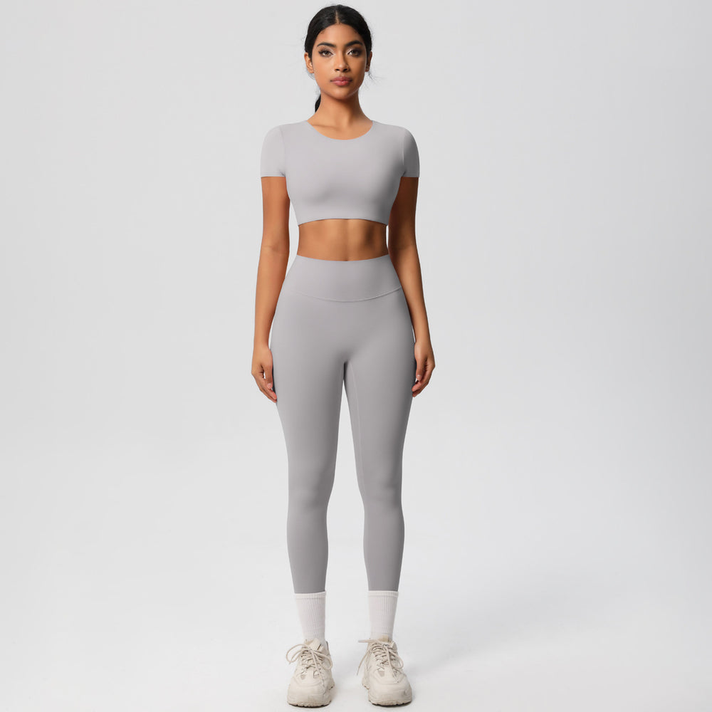 European and american nude feel compression quick-dry short sleeve yoga set outdoor casual training fitness apparel running sports set for women