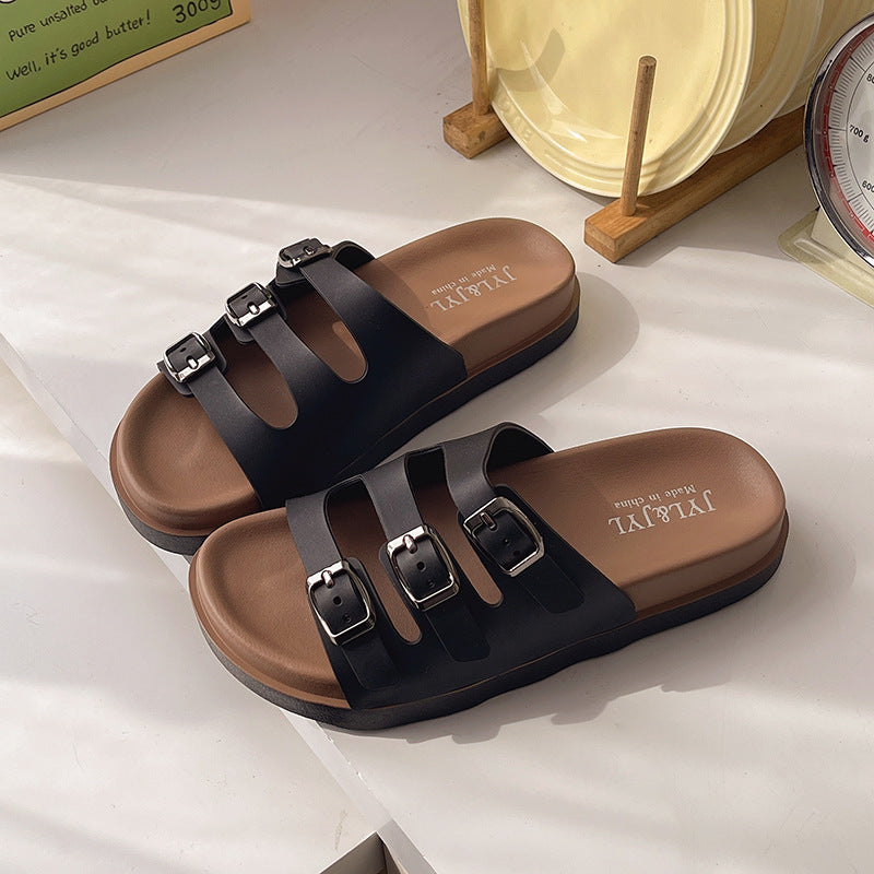 Thick sole sandals and slippers for women summernew arrival birkenstock shoes lazy outwearnon-slip one-line slippers fashion square buckle easiest for match women