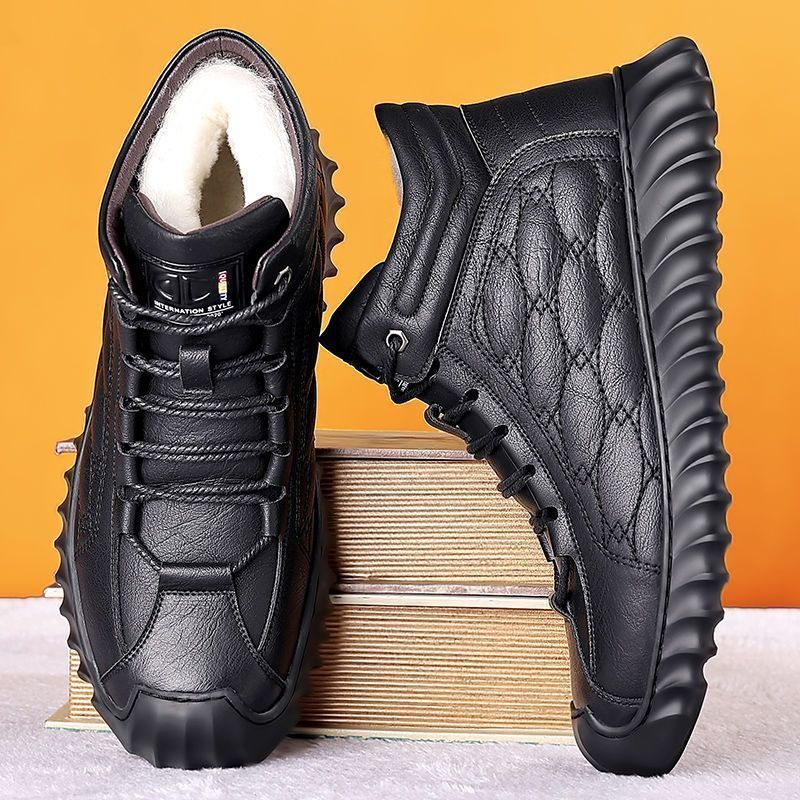 Men's winter warm cotton shoes - fleece lined, non-slip, casual high-top cotton shoes for men, elderly cotton shoes, men's leather cotton shoes for seniors
