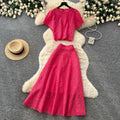 French chic lace two-piece set: elegant round neck short sleeve top & high-waisted midi skirt - perfect for summer
