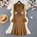 Autumn/winter soft & chic: women's knitted dress - designer cutout, cinched waist, flared sleeves, elegant knit dress