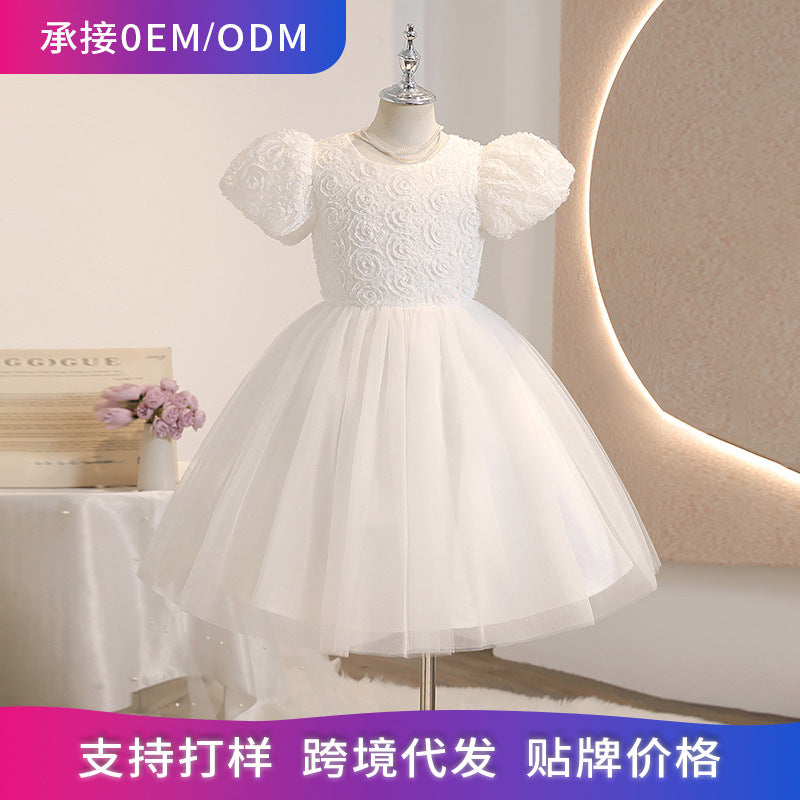 Girls' formal dress princess gown white flower girl wedding dress mid-length puff sleeve tutu dress cross-border foreign trade floral chic