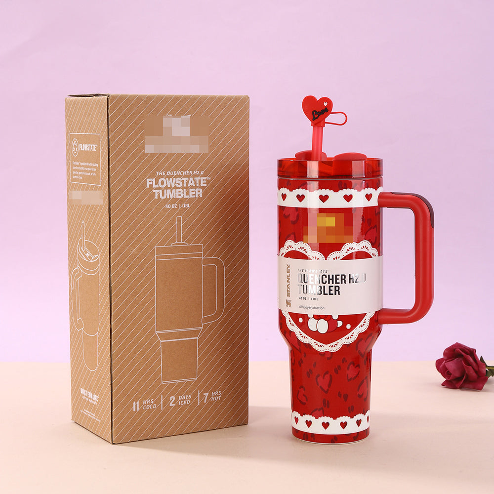 New creative heart-shaped handle ice tumbler, large capacity 304 stainless steel insulated mug, stanley-style portable straw cup