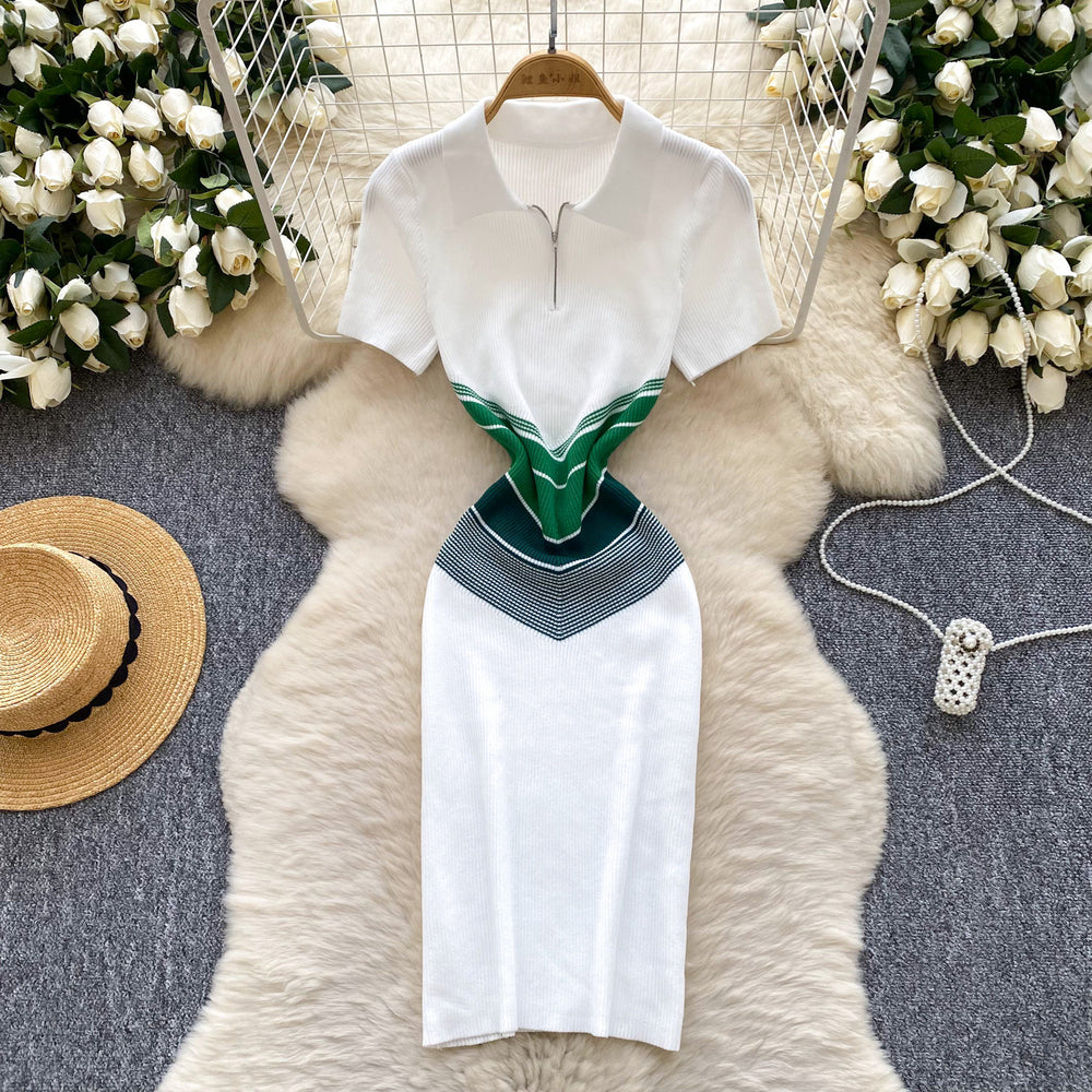 Korean chic retro color block knit dress - women's  summer slim fit polo collar short sleeve bodycon dress