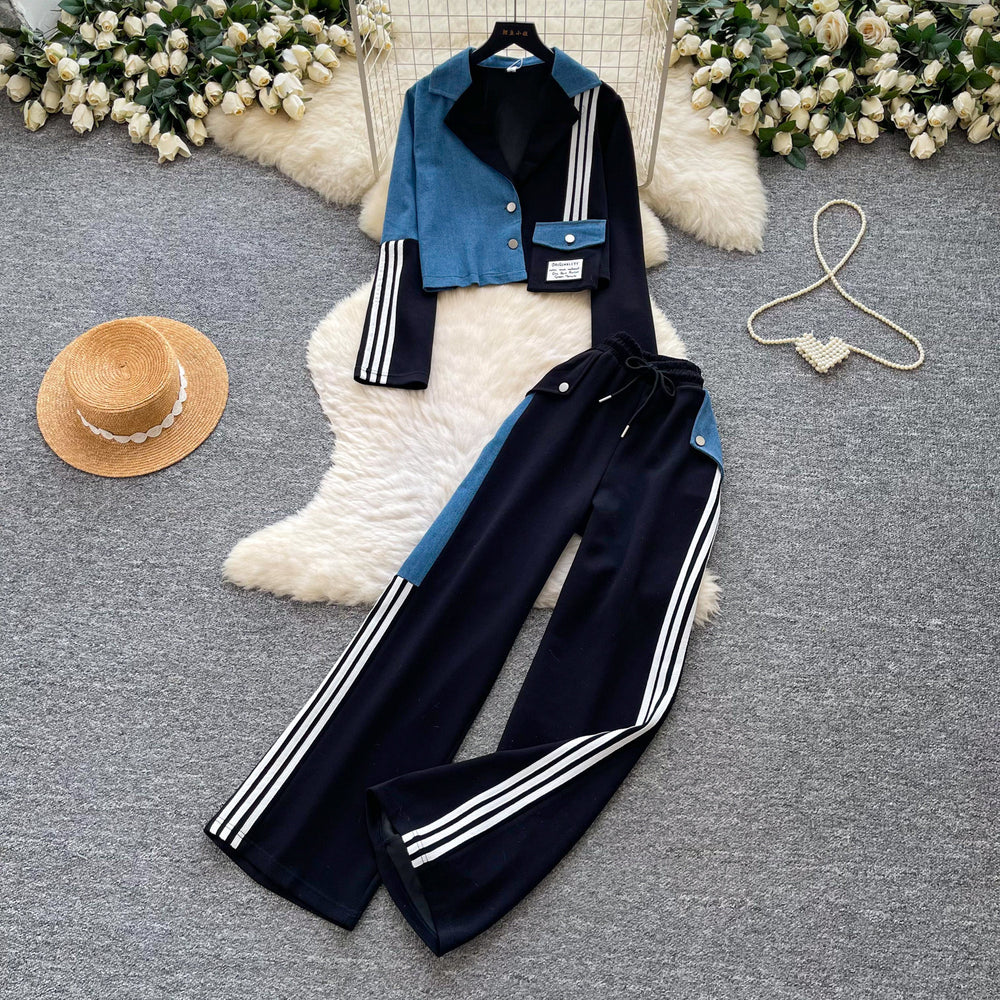 European and american color block striped two-piece set for women - autumn commute style, effortless chic, slimming fit, sporty and stylish