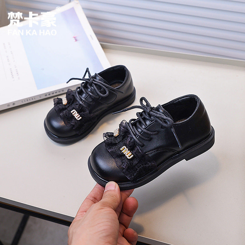 Girls' british style leather shoes, new autumn  collection, kids' lace-up princess shoes, fashionable and versatile black flats