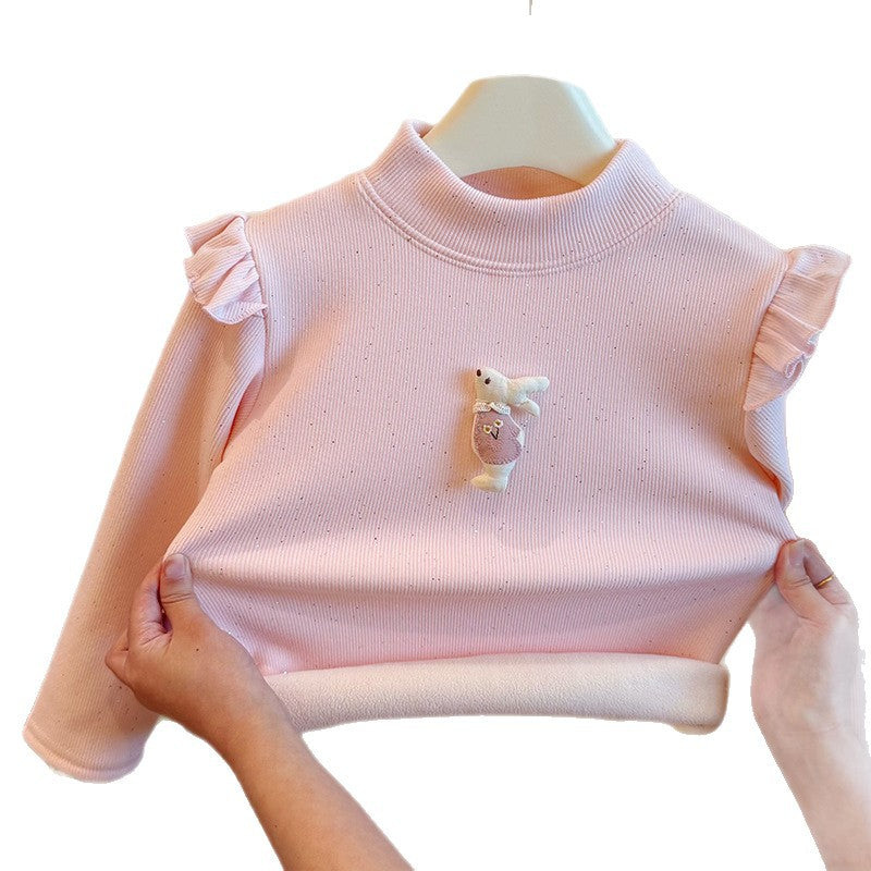 New autumn/winter korean style girls' fleece-lined thickened sweatshirt base layer long sleeve baby girl trendy kids' cotton clothing